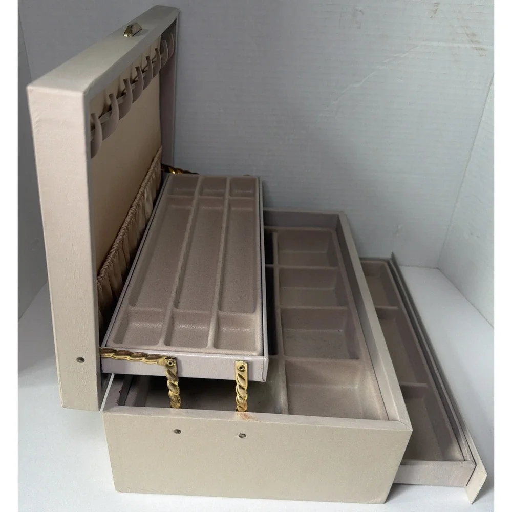 Vintage Mele 3-tier Jewelry Box Gold Trim/Cream With Taupe Interior